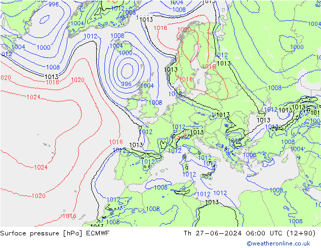 Pressione al suolo ECMWF gio 27.06.2024 06 UTC