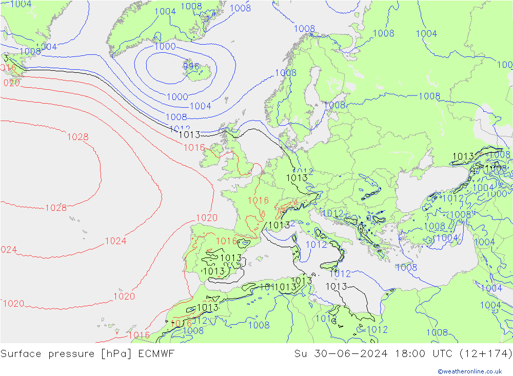 Atmosférický tlak ECMWF Ne 30.06.2024 18 UTC