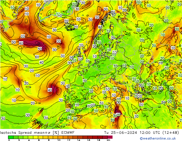 Isotachen Spread ECMWF Di 25.06.2024 12 UTC