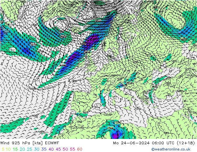 Vento 925 hPa ECMWF lun 24.06.2024 06 UTC