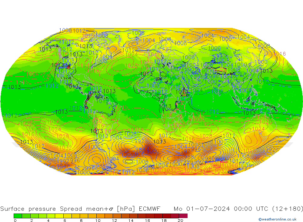 Surface pressure Spread ECMWF Mo 01.07.2024 00 UTC