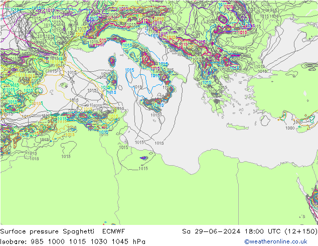 Pressione al suolo Spaghetti ECMWF sab 29.06.2024 18 UTC