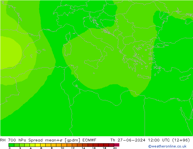 RH 700 hPa Spread ECMWF czw. 27.06.2024 12 UTC