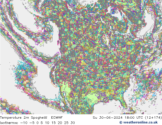 Temperatura 2m Spaghetti ECMWF Dom 30.06.2024 18 UTC