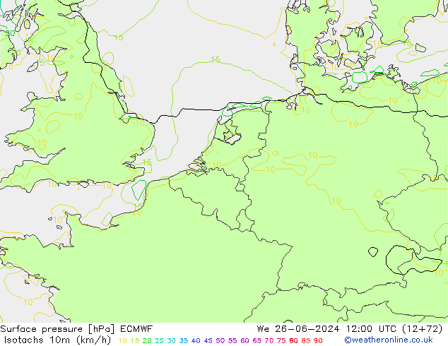 Isotachs (kph) ECMWF We 26.06.2024 12 UTC