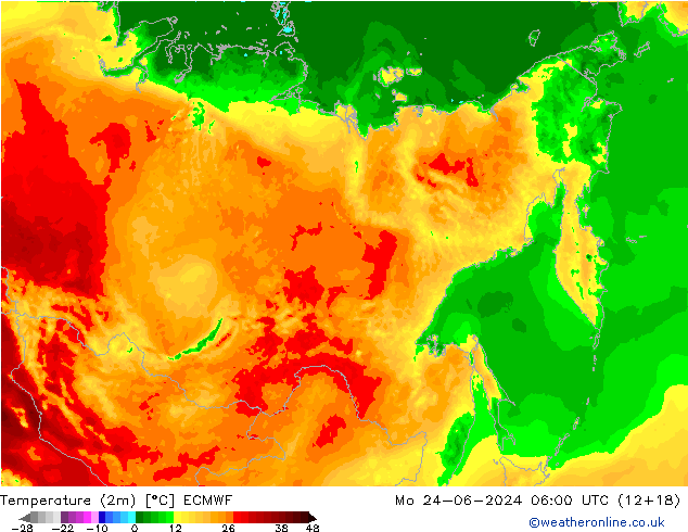 Sıcaklık Haritası (2m) ECMWF Pzt 24.06.2024 06 UTC