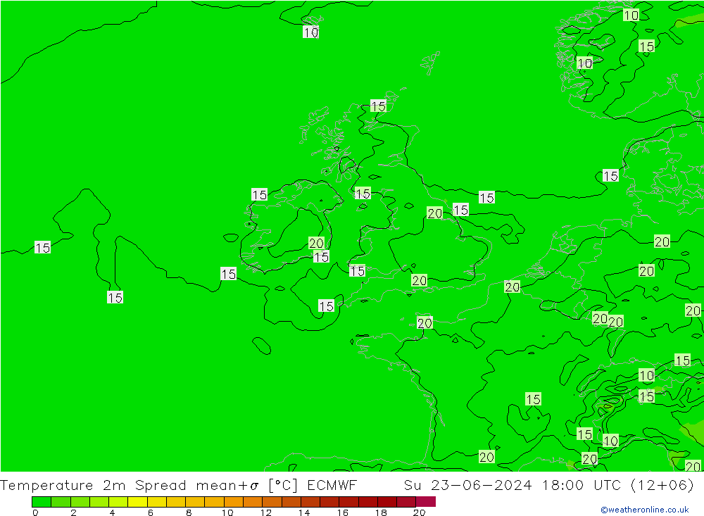 mapa temperatury 2m Spread ECMWF nie. 23.06.2024 18 UTC