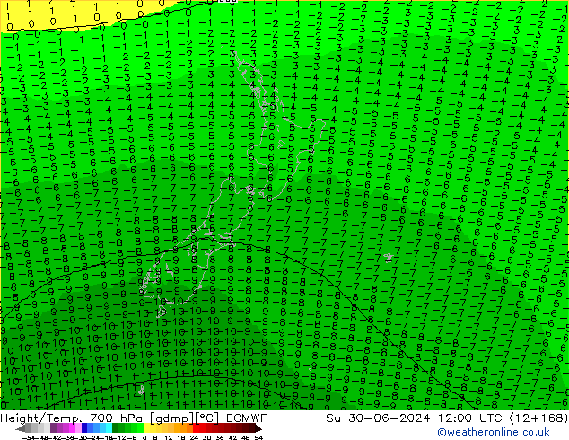 Height/Temp. 700 гПа ECMWF Вс 30.06.2024 12 UTC