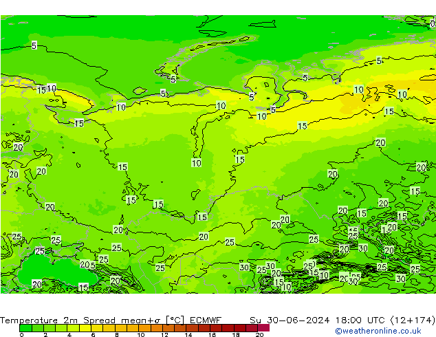 Temperaturkarte Spread ECMWF So 30.06.2024 18 UTC