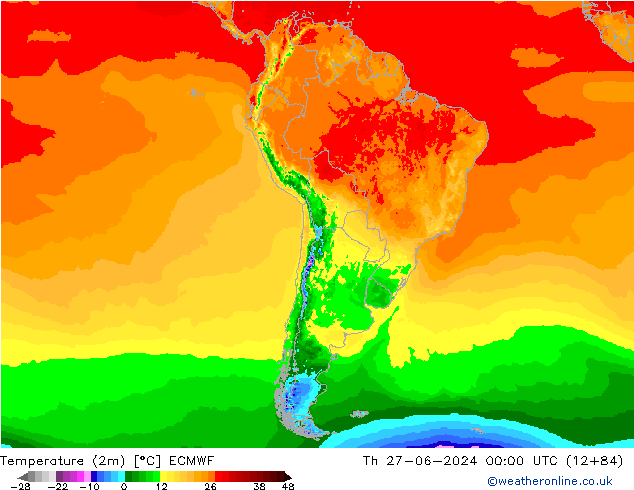 Temperatura (2m) ECMWF gio 27.06.2024 00 UTC