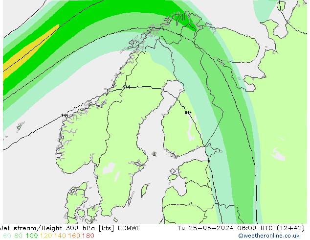 Jet stream/Height 300 hPa ECMWF Tu 25.06.2024 06 UTC