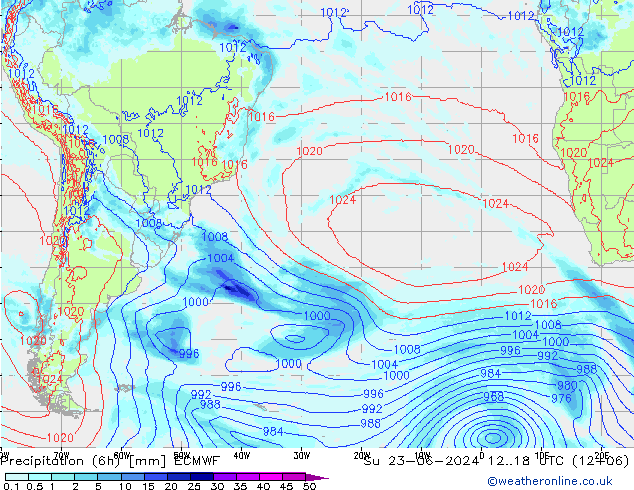 Precipitation (6h) ECMWF Su 23.06.2024 18 UTC