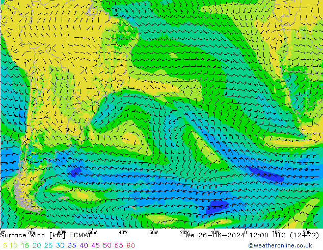 Vento 10 m ECMWF mer 26.06.2024 12 UTC