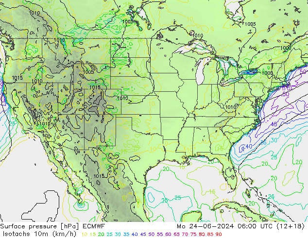 Isotachs (kph) ECMWF пн 24.06.2024 06 UTC