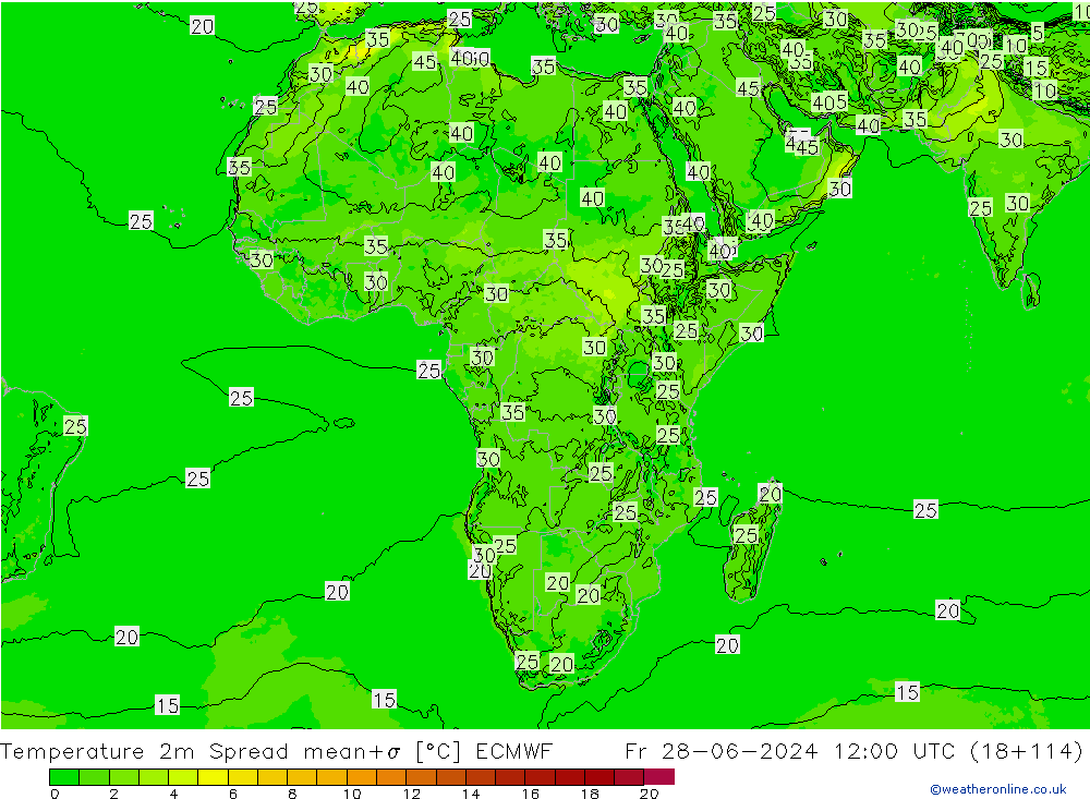 Temperatura 2m Spread ECMWF vie 28.06.2024 12 UTC