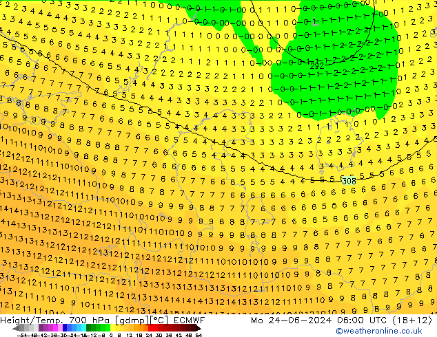 Height/Temp. 700 hPa ECMWF lun 24.06.2024 06 UTC