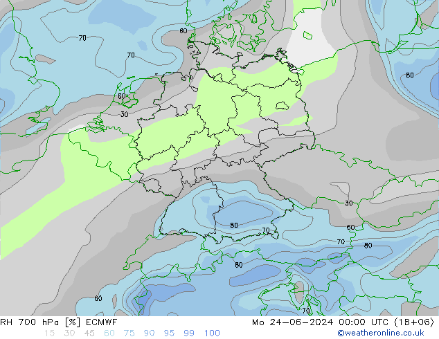 Humidité rel. 700 hPa ECMWF lun 24.06.2024 00 UTC