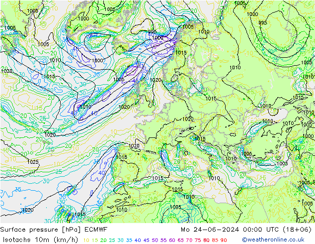 Isotachs (kph) ECMWF Mo 24.06.2024 00 UTC