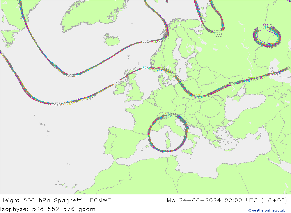 Geop. 500 hPa Spaghetti ECMWF lun 24.06.2024 00 UTC