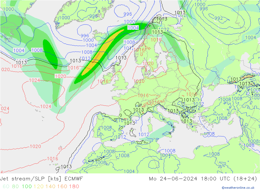 Jet Akımları/SLP ECMWF Pzt 24.06.2024 18 UTC