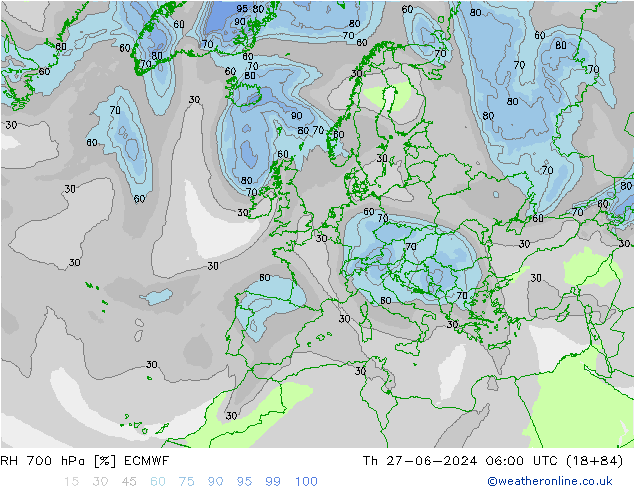 RH 700 hPa ECMWF Th 27.06.2024 06 UTC