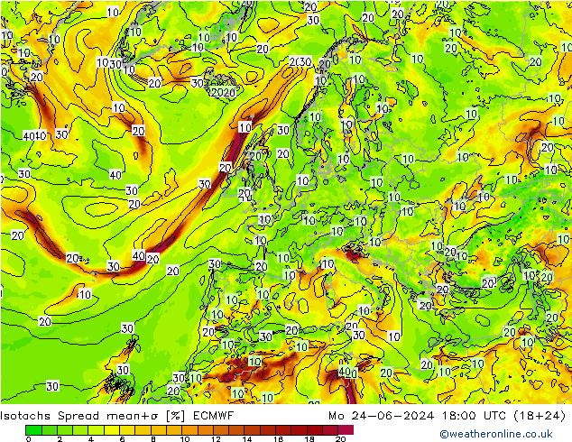 Isotachs Spread ECMWF 星期一 24.06.2024 18 UTC