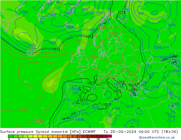 Surface pressure Spread ECMWF Tu 25.06.2024 06 UTC