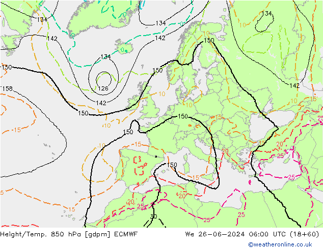 Height/Temp. 850 hPa ECMWF We 26.06.2024 06 UTC