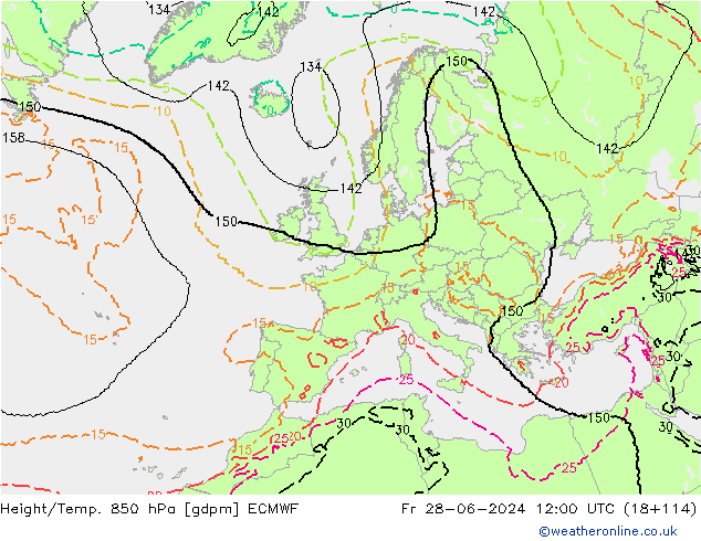 Geop./Temp. 850 hPa ECMWF vie 28.06.2024 12 UTC