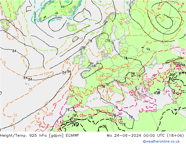 Height/Temp. 925 hPa ECMWF lun 24.06.2024 00 UTC