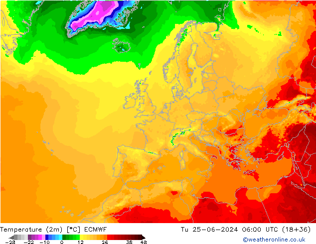 température (2m) ECMWF mar 25.06.2024 06 UTC