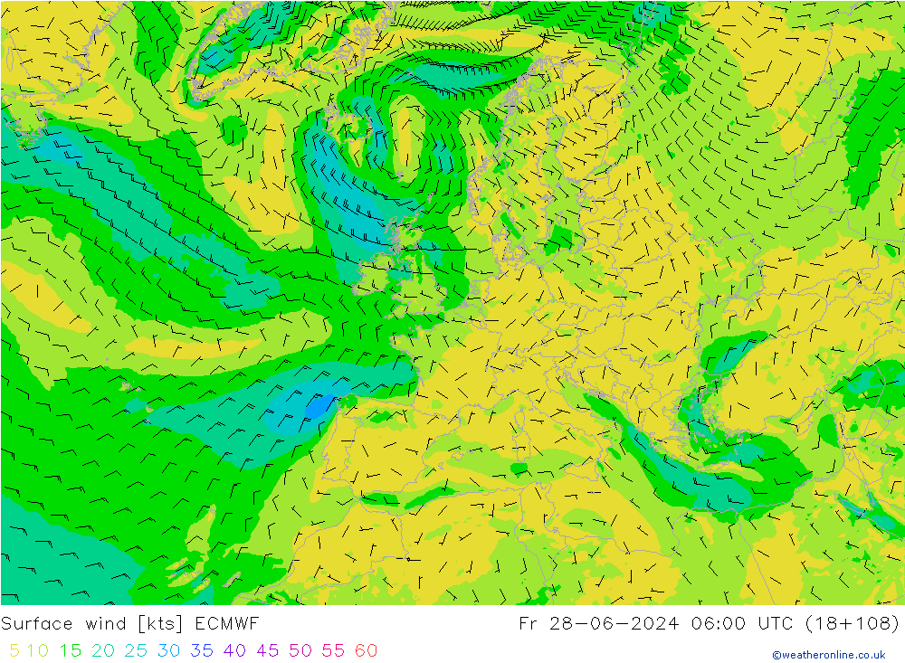 Surface wind ECMWF Fr 28.06.2024 06 UTC