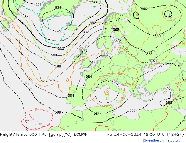 Height/Temp. 500 hPa ECMWF lun 24.06.2024 18 UTC