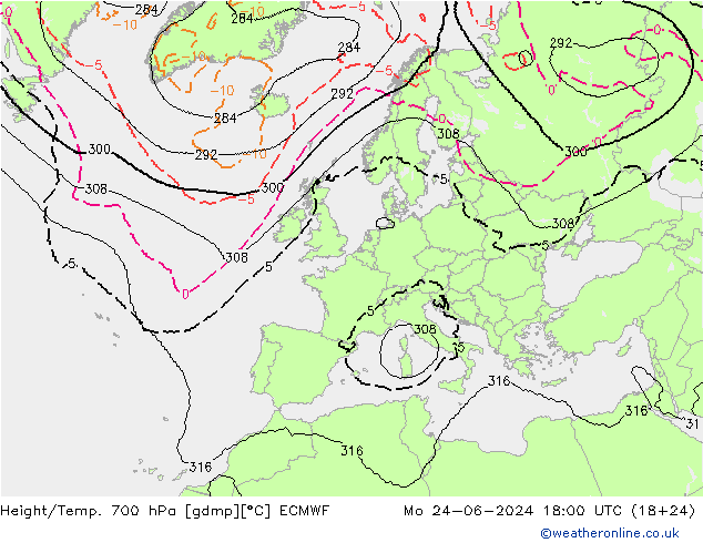 Height/Temp. 700 hPa ECMWF Mo 24.06.2024 18 UTC