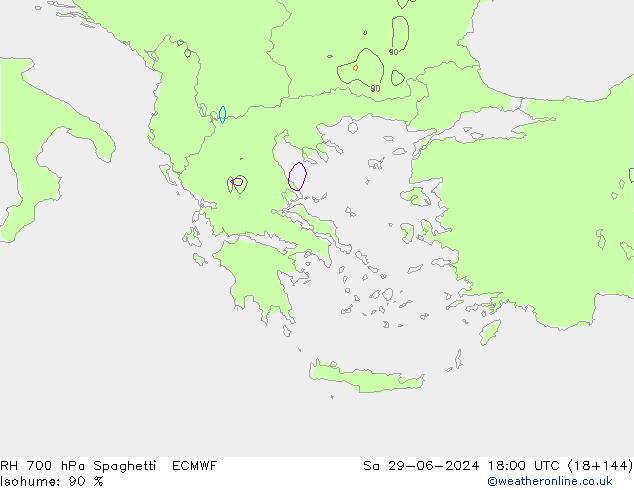 RH 700 hPa Spaghetti ECMWF sab 29.06.2024 18 UTC