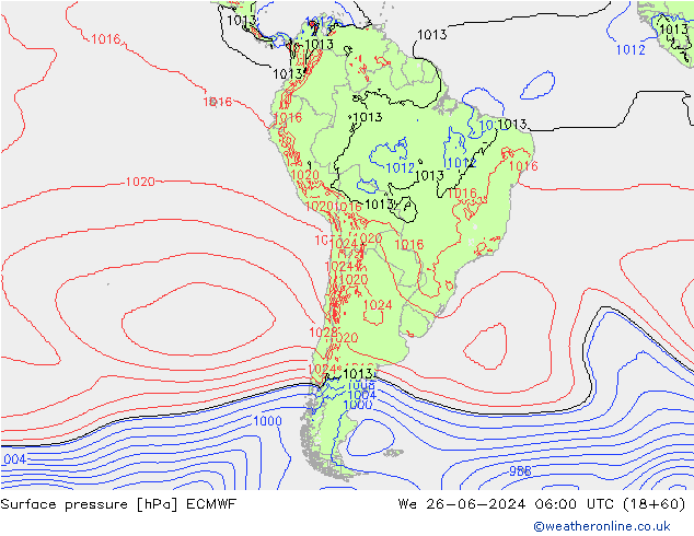 Presión superficial ECMWF mié 26.06.2024 06 UTC