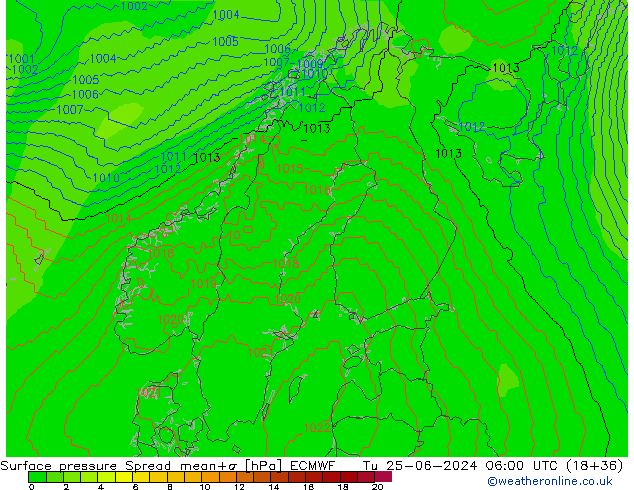 Surface pressure Spread ECMWF Tu 25.06.2024 06 UTC