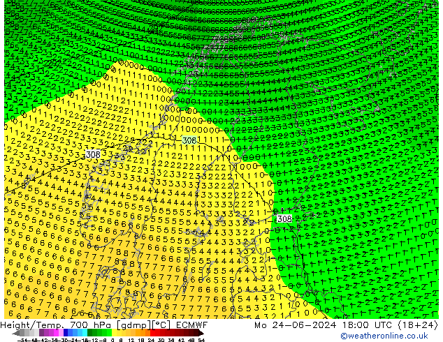 Height/Temp. 700 hPa ECMWF lun 24.06.2024 18 UTC