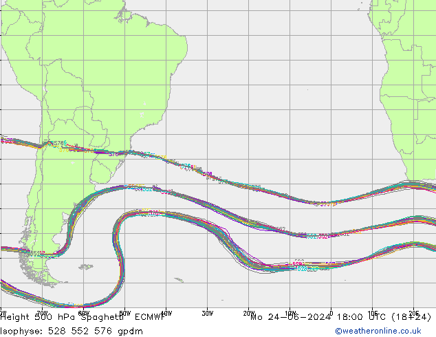 Height 500 hPa Spaghetti ECMWF lun 24.06.2024 18 UTC