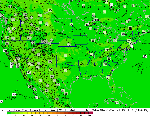 Temperatura 2m Spread ECMWF lun 24.06.2024 00 UTC