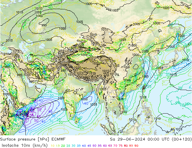 Isotachs (kph) ECMWF Sa 29.06.2024 00 UTC