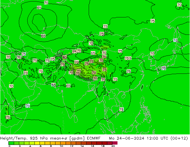 Height/Temp. 925 hPa ECMWF Mo 24.06.2024 12 UTC