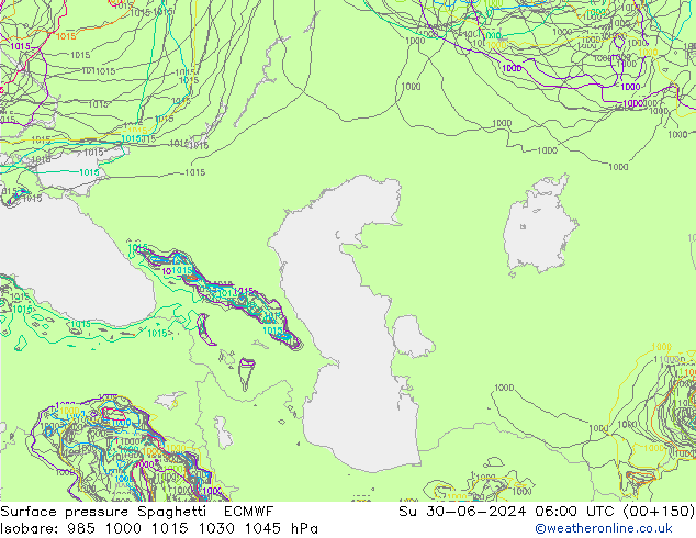 pressão do solo Spaghetti ECMWF Dom 30.06.2024 06 UTC