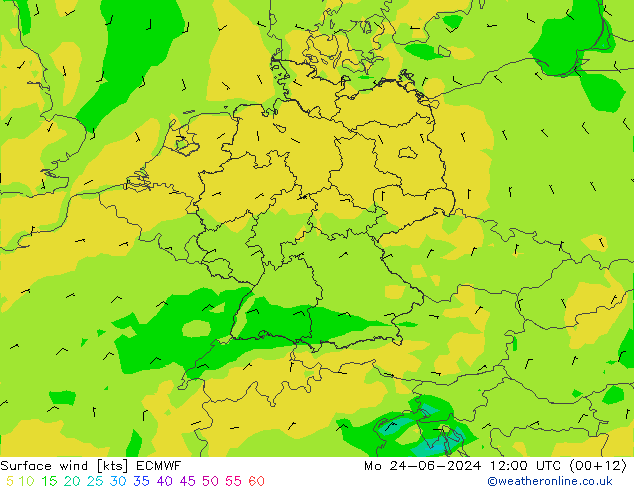 wiatr 10 m ECMWF pon. 24.06.2024 12 UTC