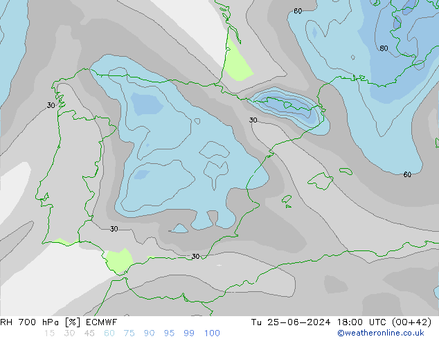 Humidité rel. 700 hPa ECMWF mar 25.06.2024 18 UTC