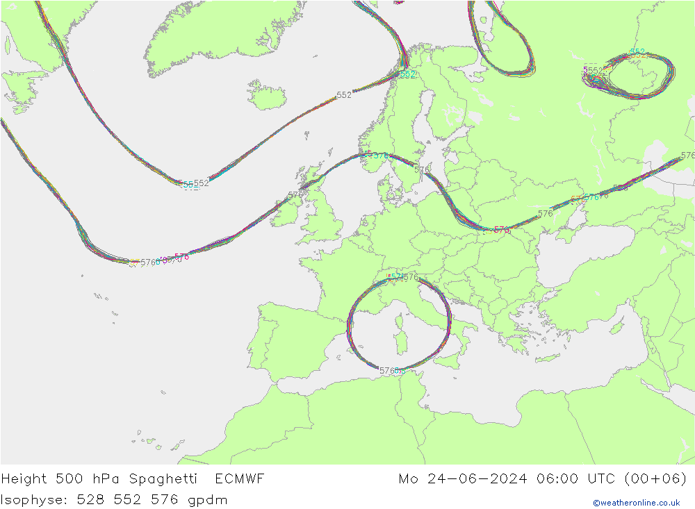 Height 500 hPa Spaghetti ECMWF Mo 24.06.2024 06 UTC