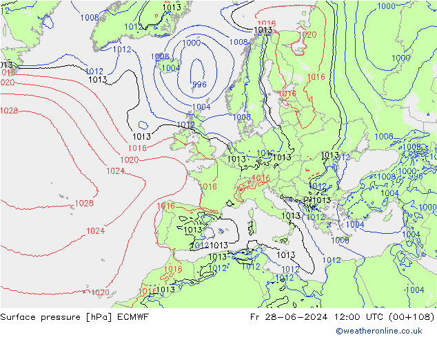 Bodendruck ECMWF Fr 28.06.2024 12 UTC