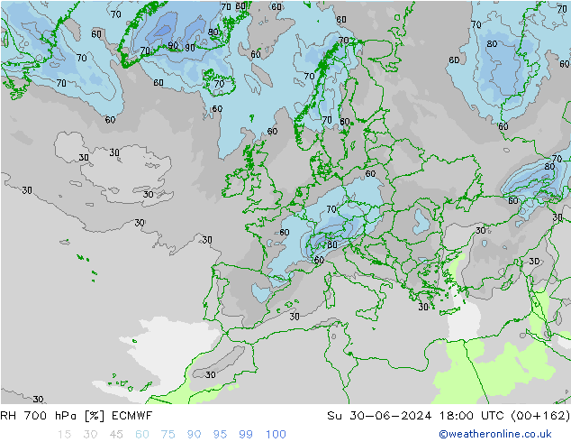 RH 700 hPa ECMWF Su 30.06.2024 18 UTC