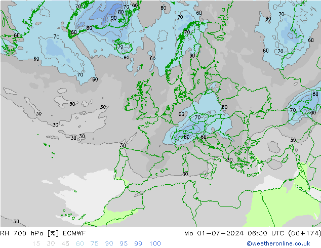 RH 700 гПа ECMWF пн 01.07.2024 06 UTC