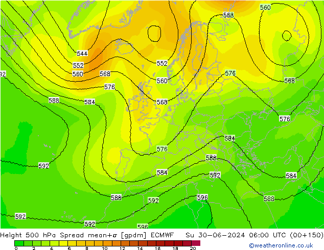 Height 500 hPa Spread ECMWF So 30.06.2024 06 UTC